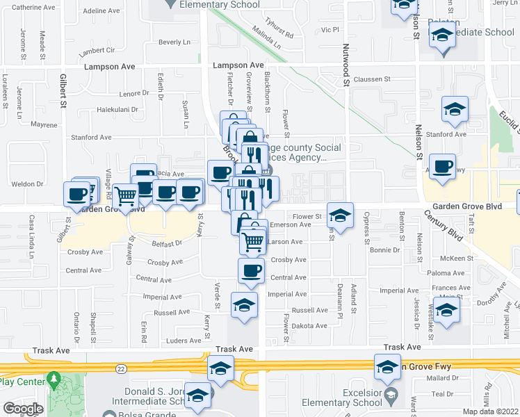 map of restaurants, bars, coffee shops, grocery stores, and more near Brookhurst St & W Garden Grove Blvd in Garden Grove