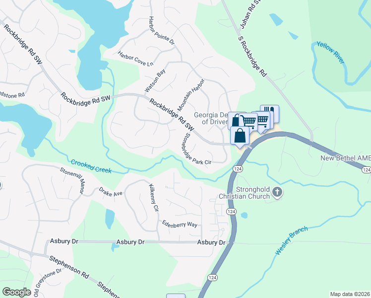 map of restaurants, bars, coffee shops, grocery stores, and more near 734 Stonebridge Park Circle in Lithonia