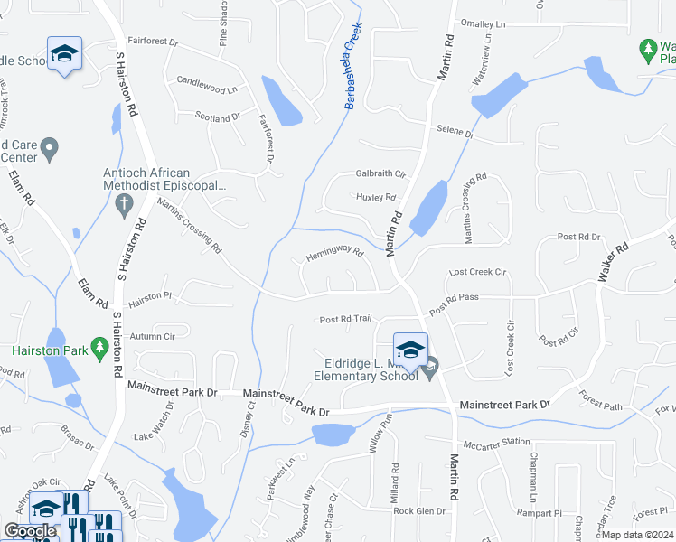 map of restaurants, bars, coffee shops, grocery stores, and more near 829 Longfellow Court in Stone Mountain