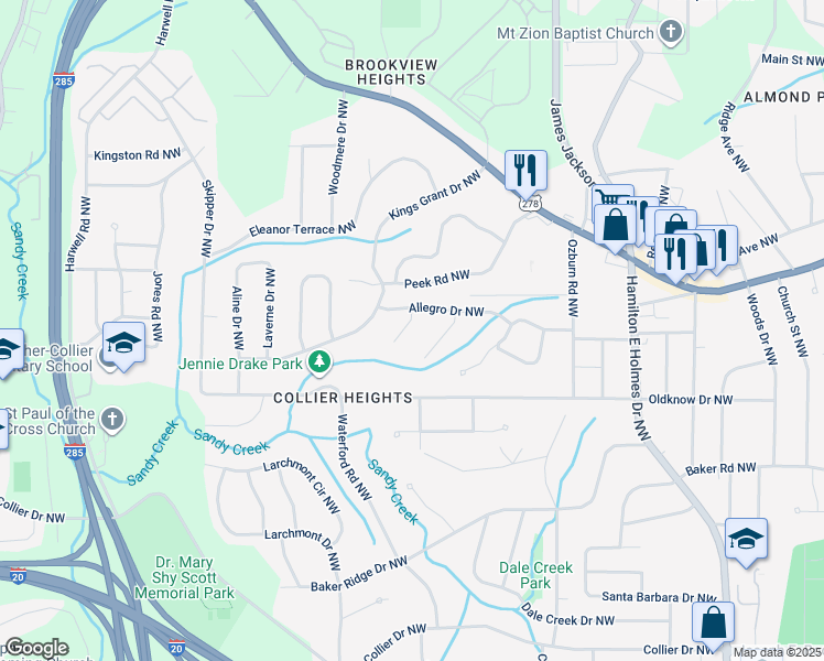 map of restaurants, bars, coffee shops, grocery stores, and more near 711 Symphony Lane Northwest in Atlanta