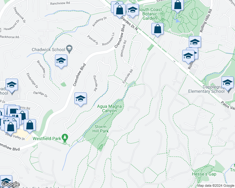 map of restaurants, bars, coffee shops, grocery stores, and more near 27036 Sunnyridge Road in Rolling Hills