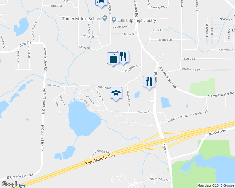 map of restaurants, bars, coffee shops, grocery stores, and more near 3558 Groovers Lake Road in Lithia Springs