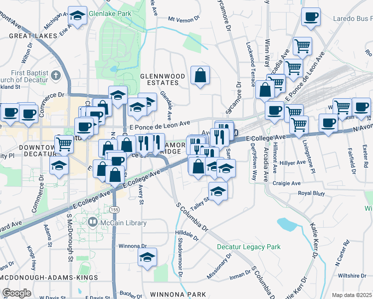 map of restaurants, bars, coffee shops, grocery stores, and more near 2641 East College Avenue in Decatur