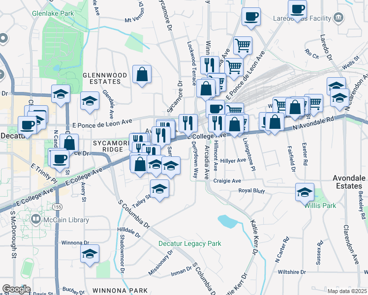 map of restaurants, bars, coffee shops, grocery stores, and more near 2641 East College Avenue in Decatur