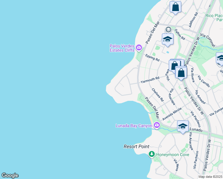 map of restaurants, bars, coffee shops, grocery stores, and more near 241 Rocky Point Road in Palos Verdes Estates