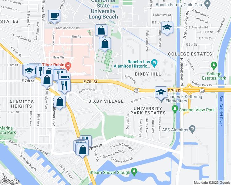 map of restaurants, bars, coffee shops, grocery stores, and more near 470 Providence Court in Long Beach
