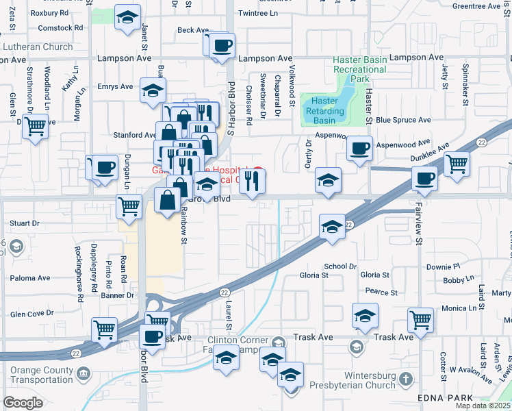 map of restaurants, bars, coffee shops, grocery stores, and more near 12572 Garden Grove Boulevard in Garden Grove