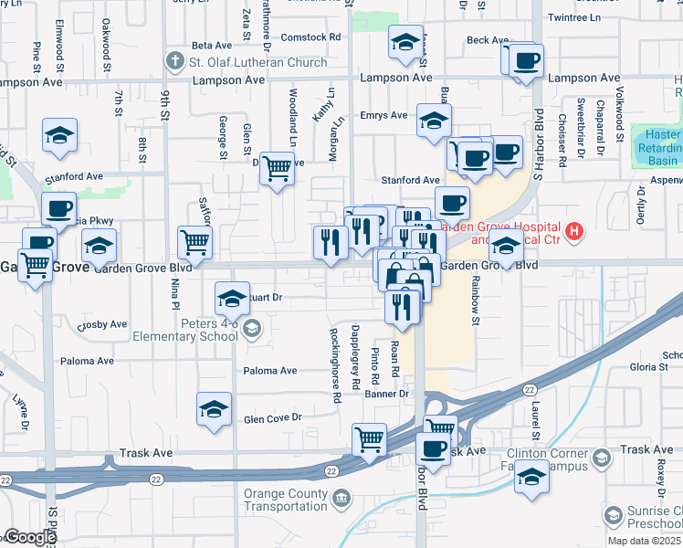map of restaurants, bars, coffee shops, grocery stores, and more near 11959 Sycamore Lane in Garden Grove