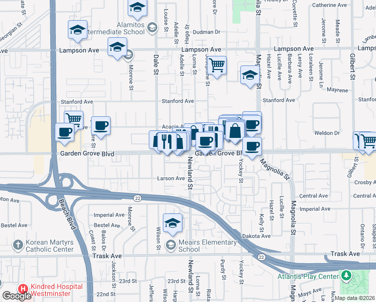 map of restaurants, bars, coffee shops, grocery stores, and more near 8671 Garden Grove Boulevard in Garden Grove