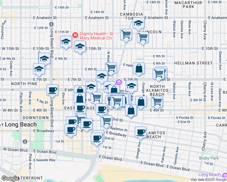 map of restaurants, bars, coffee shops, grocery stores, and more near Alamitos Avenue & 6th Street in Long Beach