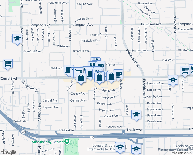 map of restaurants, bars, coffee shops, grocery stores, and more near Garden Grove Boulevard in Garden Grove