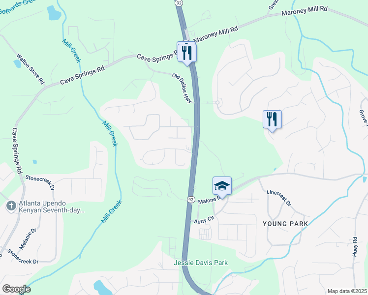 map of restaurants, bars, coffee shops, grocery stores, and more near 5306 Brickleberry Way in Douglasville