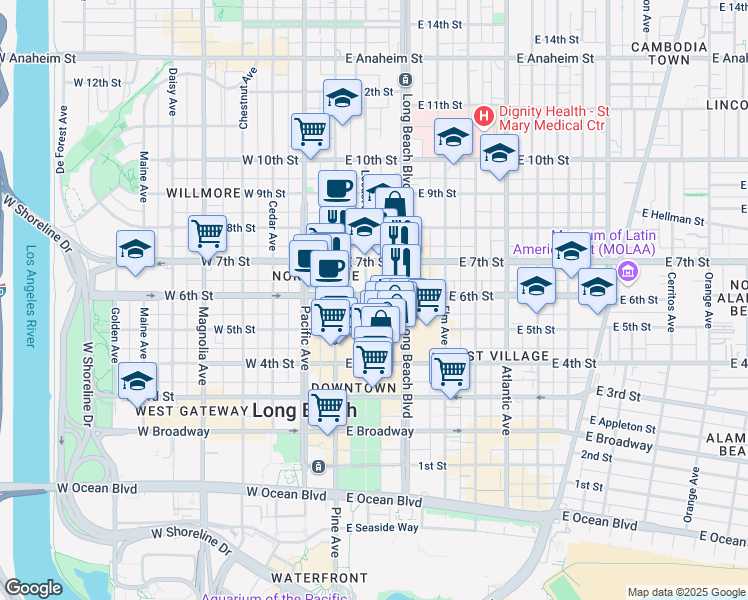 map of restaurants, bars, coffee shops, grocery stores, and more near 151 East 6th Street in Long Beach