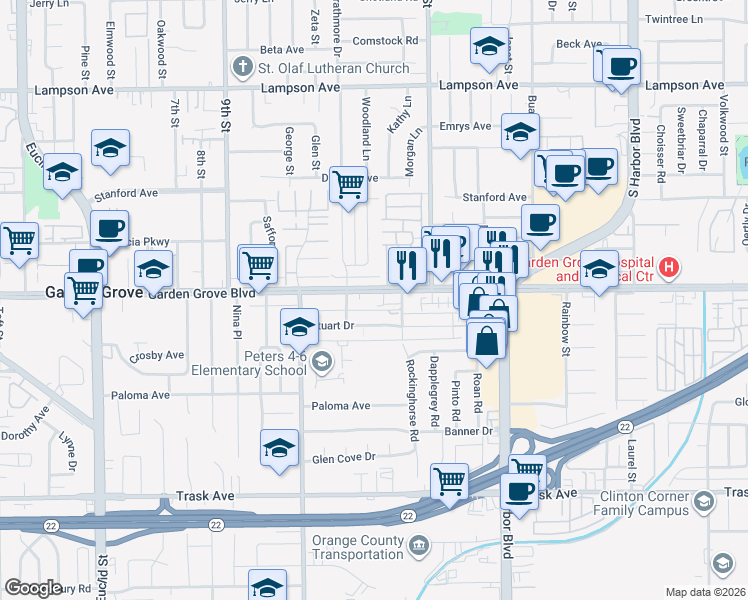 map of restaurants, bars, coffee shops, grocery stores, and more near 11842 Garden Grove Boulevard in Garden Grove