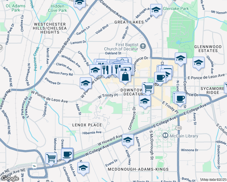 map of restaurants, bars, coffee shops, grocery stores, and more near 415 West Trinity Place in Decatur