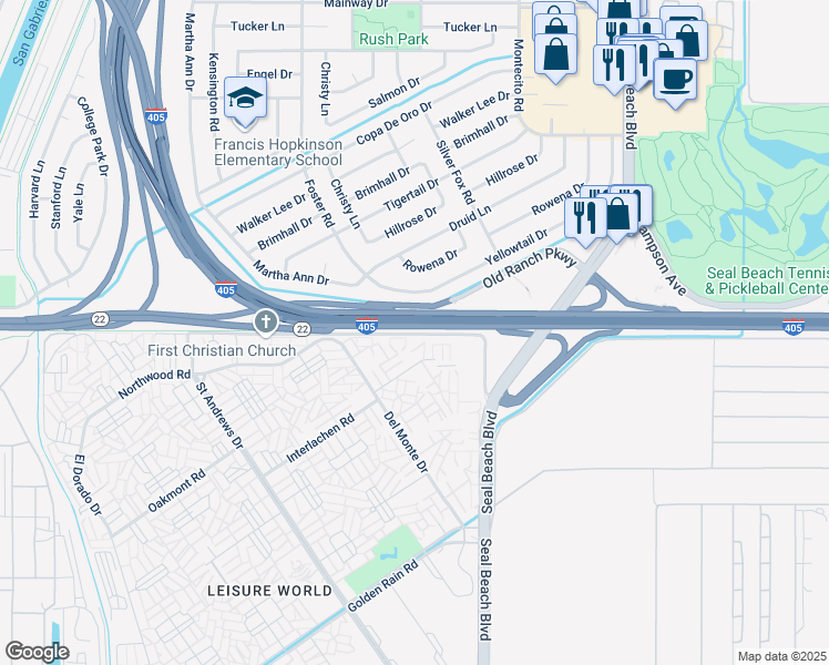 map of restaurants, bars, coffee shops, grocery stores, and more near 35 North Gate Road in Seal Beach