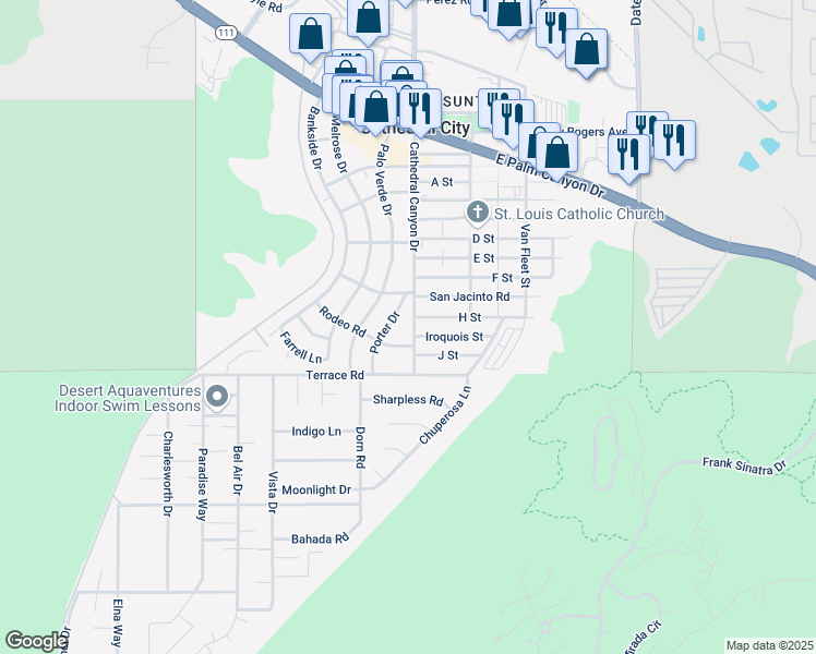 map of restaurants, bars, coffee shops, grocery stores, and more near 37780 Porter Drive in Cathedral City