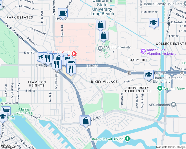 map of restaurants, bars, coffee shops, grocery stores, and more near 551 Pittsfield Court in Long Beach