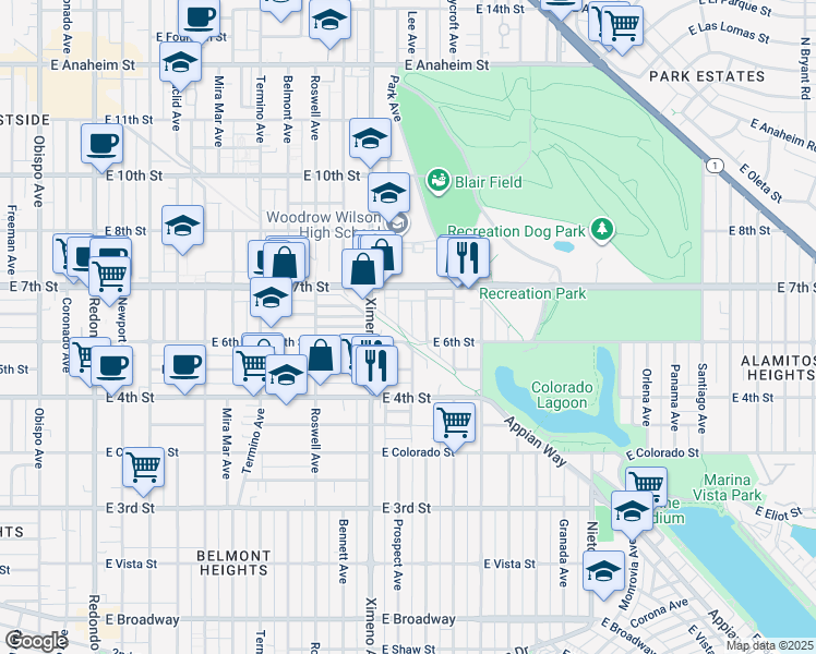 map of restaurants, bars, coffee shops, grocery stores, and more near 620 Prospect Avenue in Long Beach