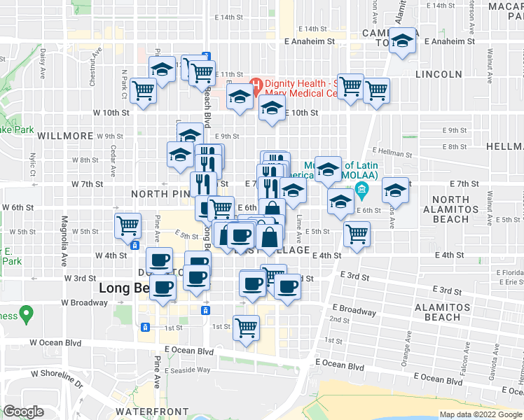 map of restaurants, bars, coffee shops, grocery stores, and more near 553 Linden Avenue in Long Beach
