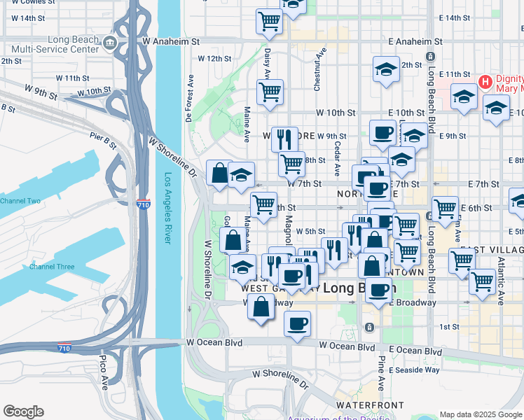 map of restaurants, bars, coffee shops, grocery stores, and more near in Long Beach