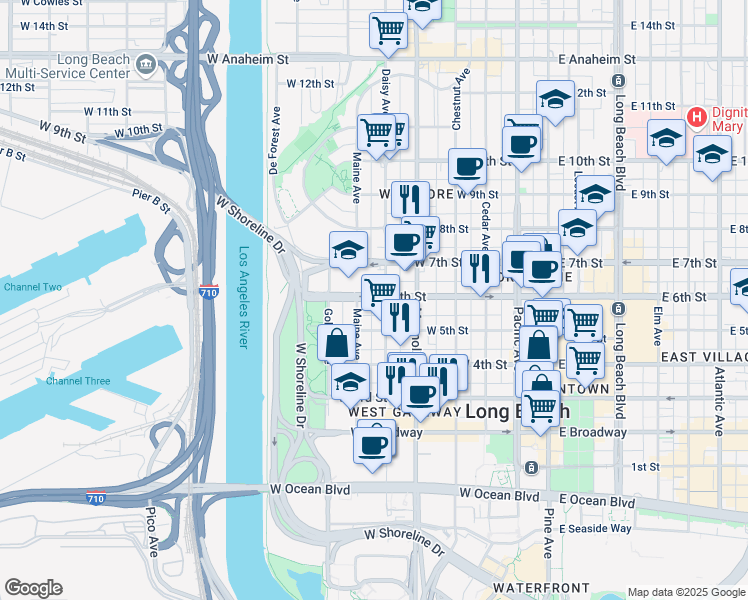 map of restaurants, bars, coffee shops, grocery stores, and more near in Long Beach