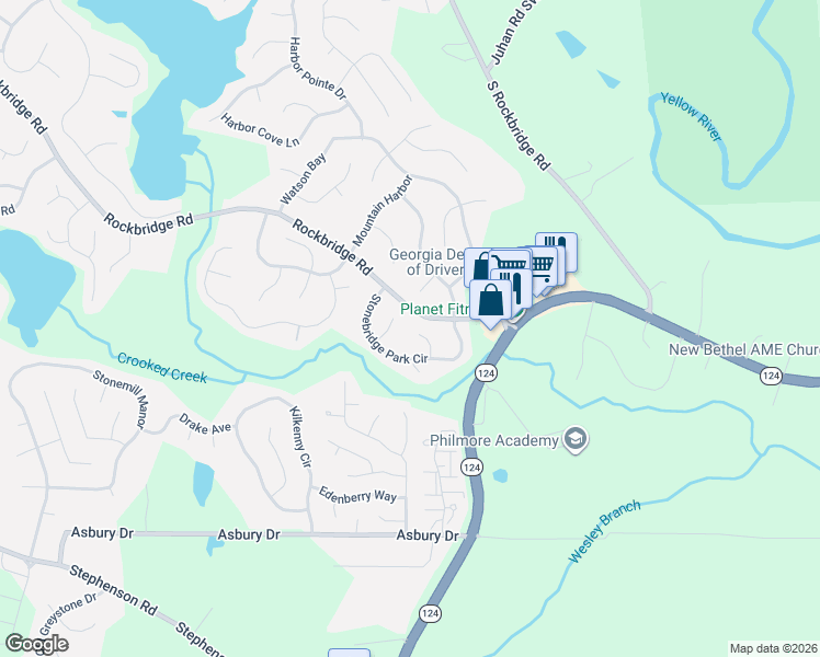map of restaurants, bars, coffee shops, grocery stores, and more near 718 Stonebridge Terrace in Lithonia
