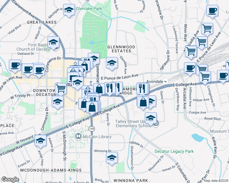 map of restaurants, bars, coffee shops, grocery stores, and more near 233 Sycamore Place in Decatur