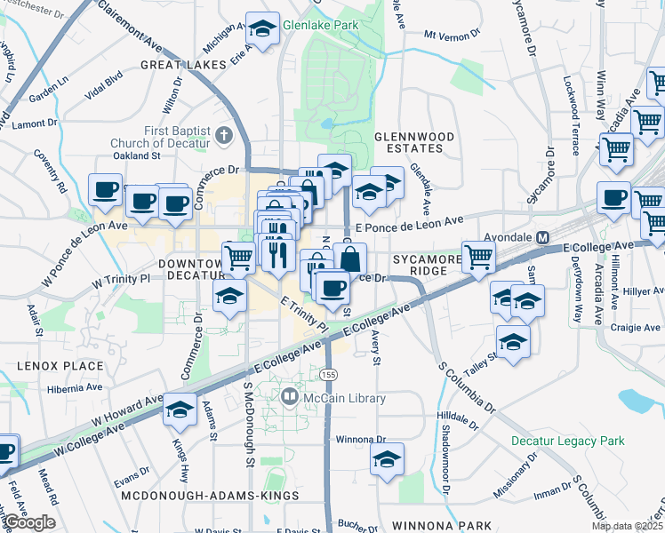 map of restaurants, bars, coffee shops, grocery stores, and more near 221 North Candler Street in Decatur