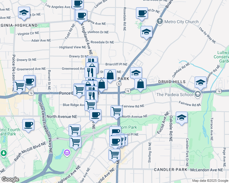 map of restaurants, bars, coffee shops, grocery stores, and more near 1156 U.S. 278 in Atlanta