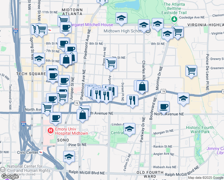 map of restaurants, bars, coffee shops, grocery stores, and more near 710 Argonne Avenue Northeast in Atlanta