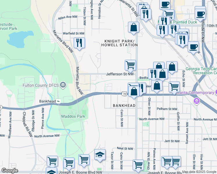 map of restaurants, bars, coffee shops, grocery stores, and more near in Atlanta
