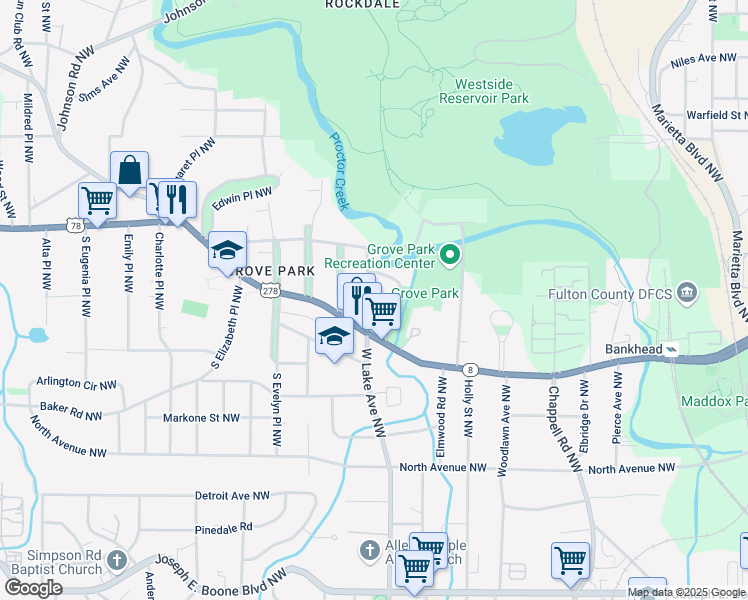 map of restaurants, bars, coffee shops, grocery stores, and more near 699 Florence Place Northwest in Atlanta