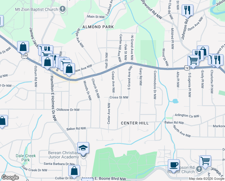 map of restaurants, bars, coffee shops, grocery stores, and more near 690 Cedar Avenue Northwest in Atlanta