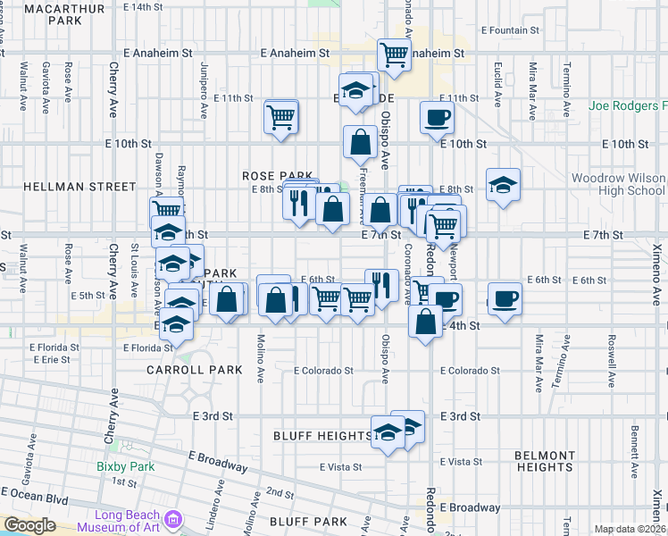 map of restaurants, bars, coffee shops, grocery stores, and more near 625 Orizaba Avenue in Long Beach