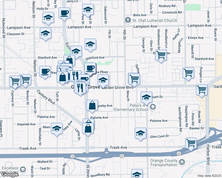 map of restaurants, bars, coffee shops, grocery stores, and more near 11362 Garden Grove Boulevard in Garden Grove
