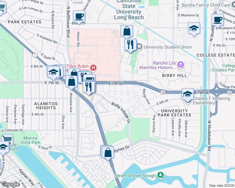 map of restaurants, bars, coffee shops, grocery stores, and more near 551 Pittsfield Court in Long Beach