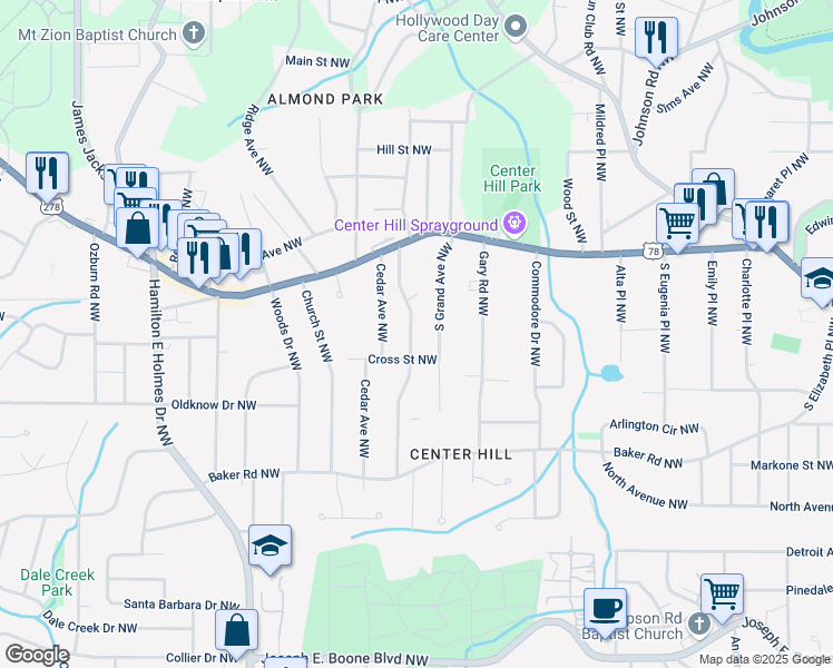 map of restaurants, bars, coffee shops, grocery stores, and more near 695 Center Hill Avenue Northwest in Atlanta