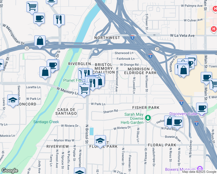 map of restaurants, bars, coffee shops, grocery stores, and more near 1107 West Memory Lane in Santa Ana