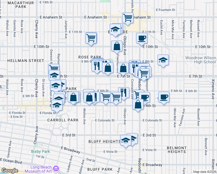 map of restaurants, bars, coffee shops, grocery stores, and more near 625 Orizaba Avenue in Long Beach