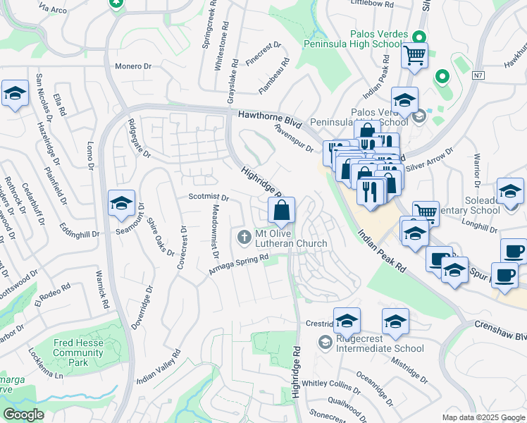 map of restaurants, bars, coffee shops, grocery stores, and more near 14 Vía Sevilla in Rolling Hills Estates