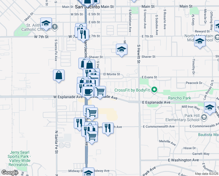 map of restaurants, bars, coffee shops, grocery stores, and more near 1402 Hancock Circle in San Jacinto