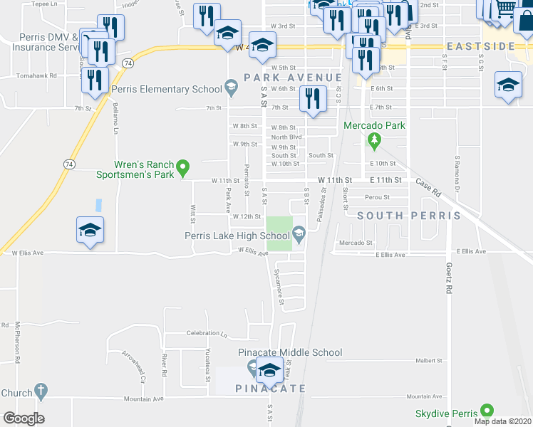 map of restaurants, bars, coffee shops, grocery stores, and more near 1161 South A Street in Perris