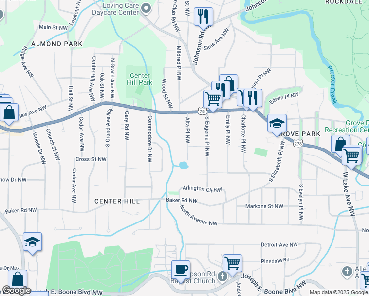 map of restaurants, bars, coffee shops, grocery stores, and more near 688 Alta Place Northwest in Atlanta