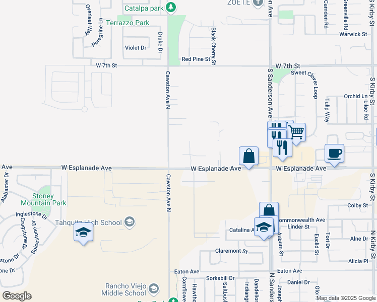 map of restaurants, bars, coffee shops, grocery stores, and more near 2661 West Esplanade Avenue in San Jacinto