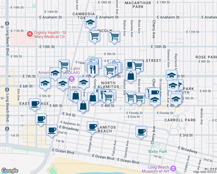 map of restaurants, bars, coffee shops, grocery stores, and more near 524 Almond Avenue in Long Beach