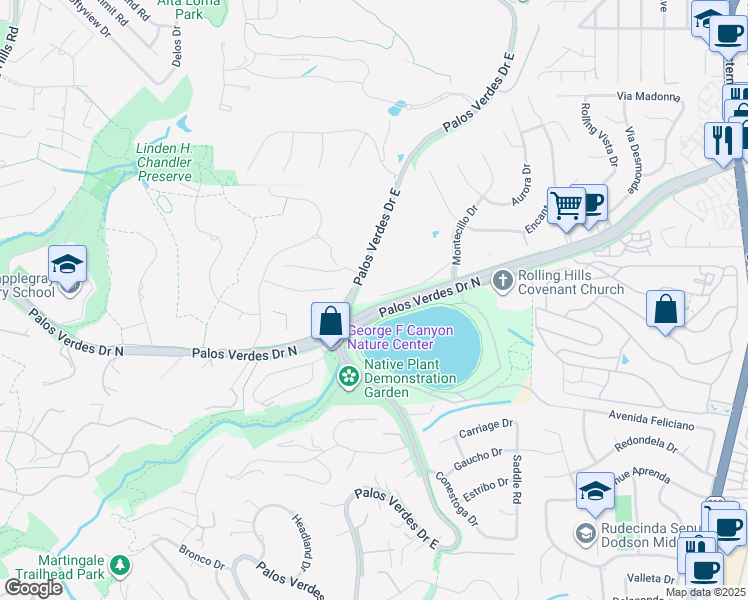 map of restaurants, bars, coffee shops, grocery stores, and more near 12 Casaba Road in Palos Verdes Estates