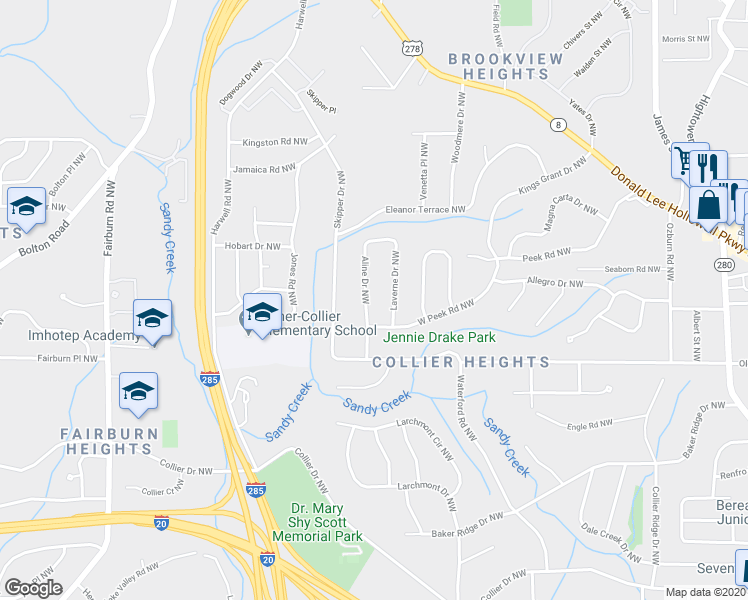 map of restaurants, bars, coffee shops, grocery stores, and more near 689 Aline Drive Northwest in Atlanta