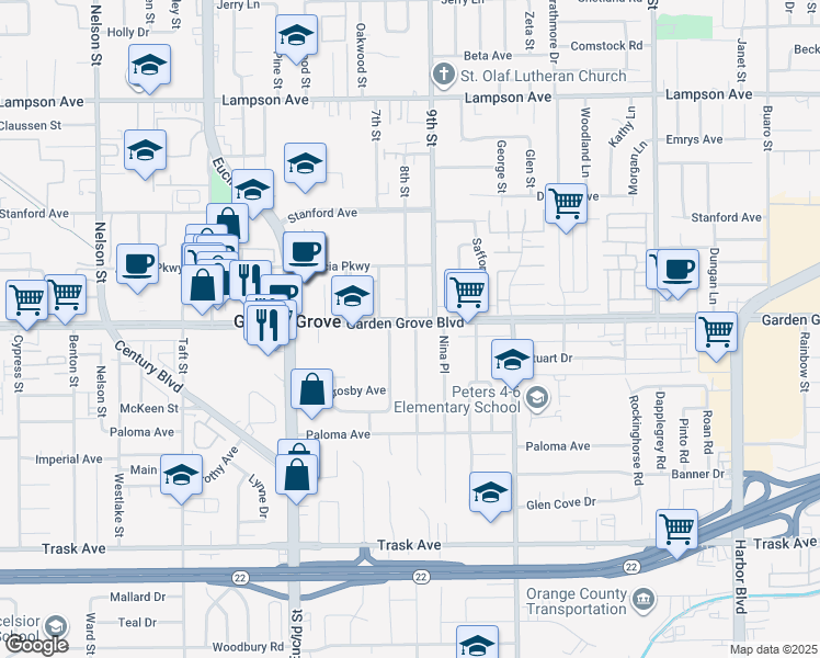 map of restaurants, bars, coffee shops, grocery stores, and more near 11422 West Garden Grove Boulevard in Garden Grove
