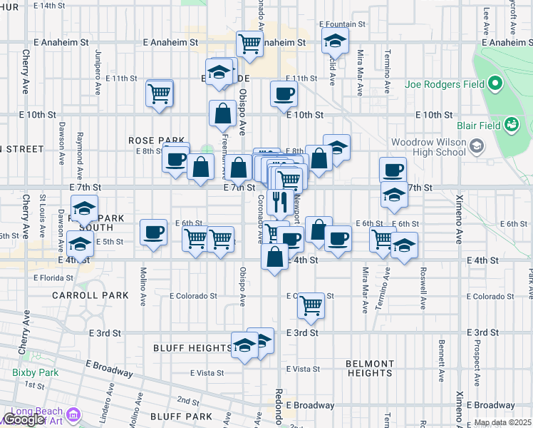 map of restaurants, bars, coffee shops, grocery stores, and more near 620 Coronado Avenue in Long Beach